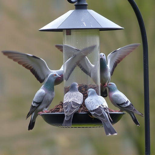 Birds feeding from pigeon-resistant feeder