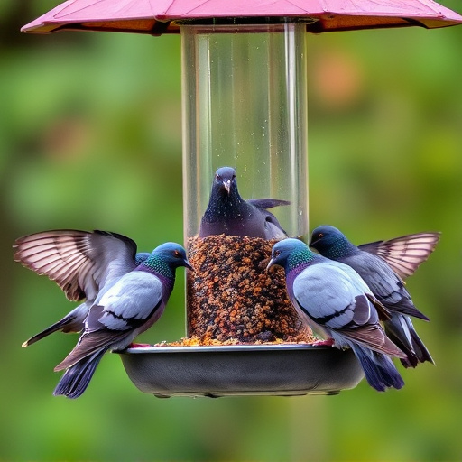 Birds feeding from pigeon-resistant feeder