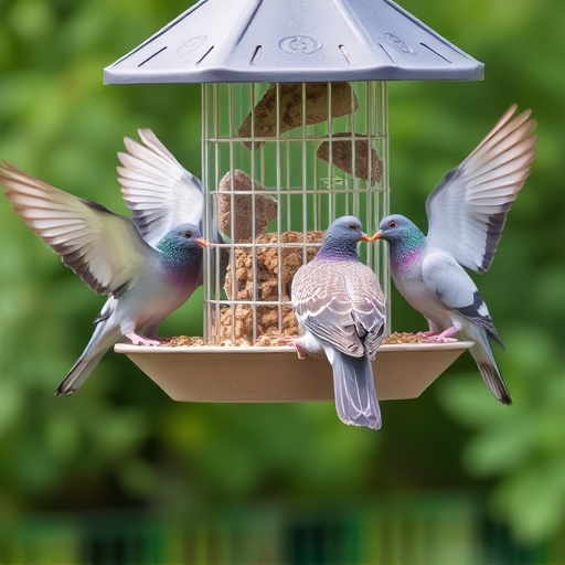 Birds feeding from pigeon-resistant feeder
