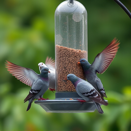 Birds feeding from pigeon-resistant feeder