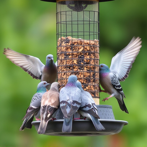 Birds feeding from pigeon-resistant feeder