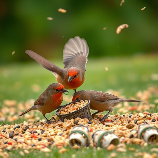 Birds feeding from scattered seed mix