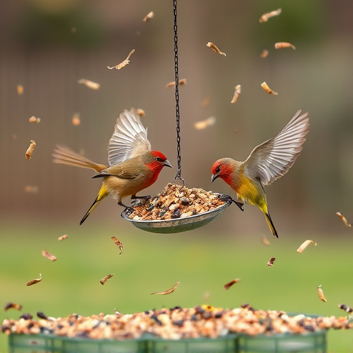 Birds feeding from scattered seed mix