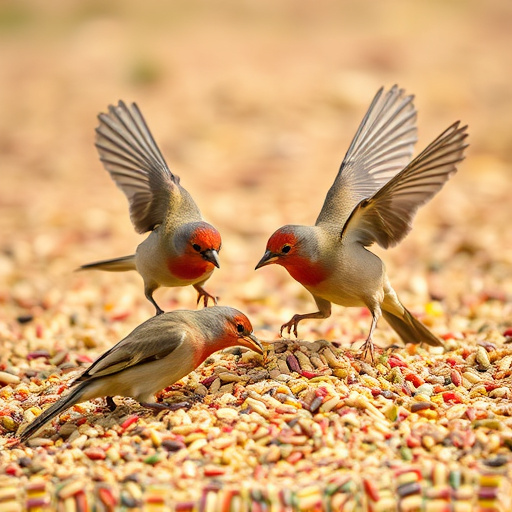 Birds feeding from scattered seed mix