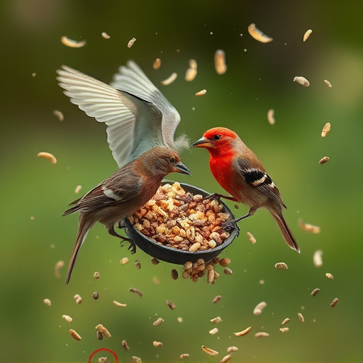 Birds feeding from scattered seed mix