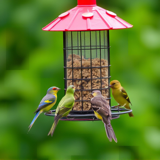 Birds feeding from suspended cage feeder