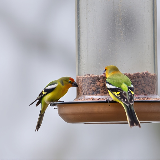 Birds feeding from suspended cage feeder