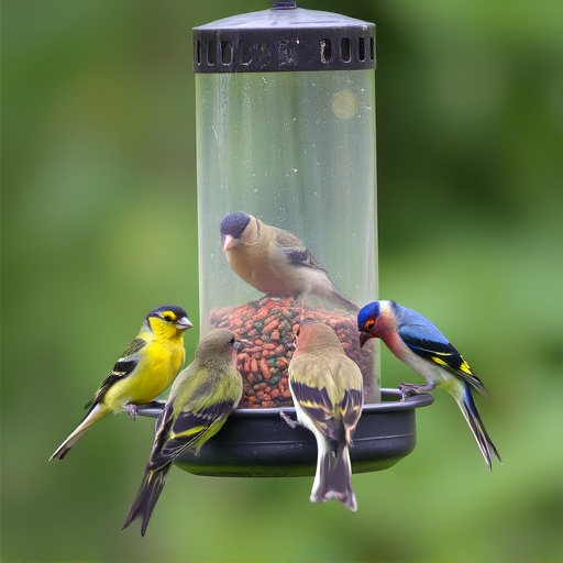 Birds feeding from suspended cage feeder