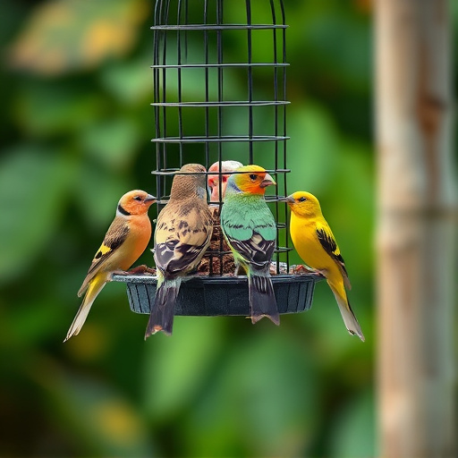Birds feeding from suspended cage feeder