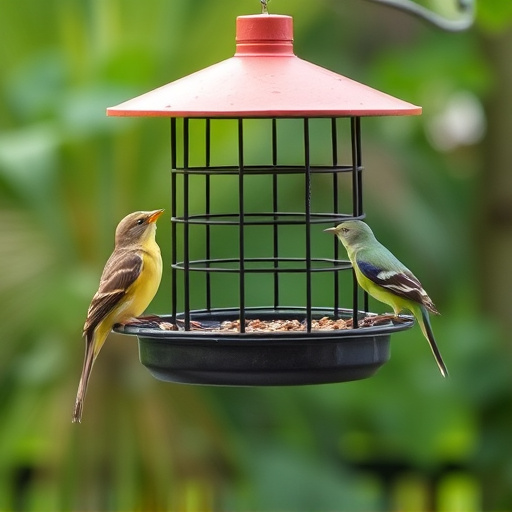 Birds feeding from suspended cage feeder