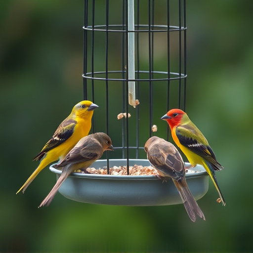 Birds feeding from suspended cage feeder