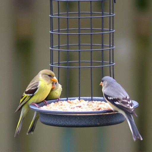Birds feeding from suspended cage feeder