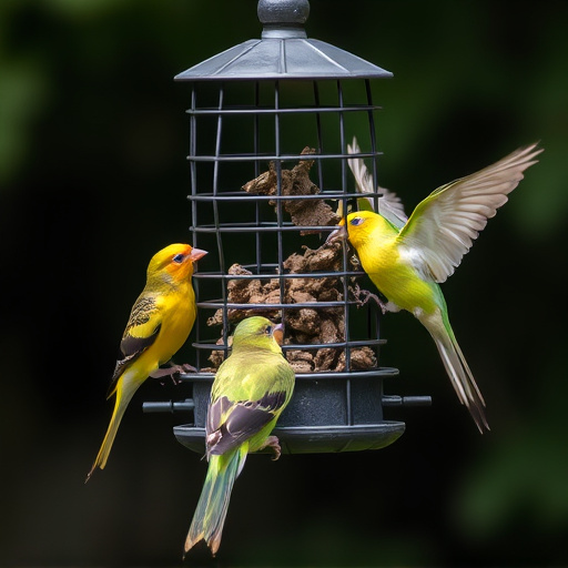 Birds feeding from suspended cage feeder