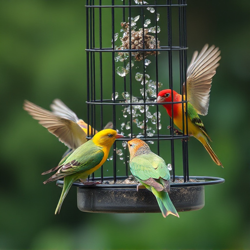 Birds feeding from suspended cage feeder