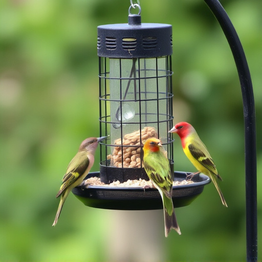 Birds feeding from suspended cage feeder