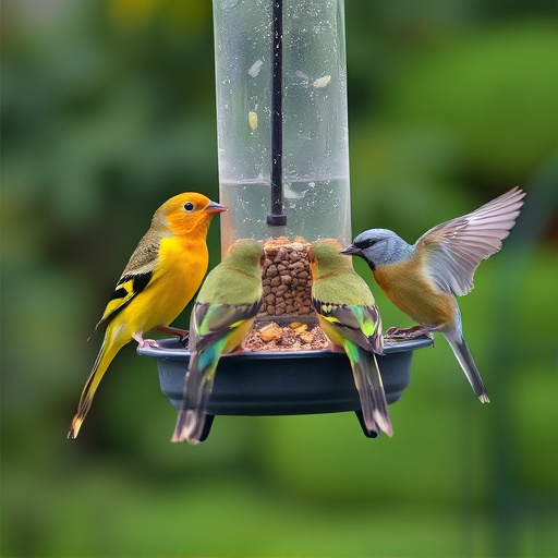 Birds feeding from suspended cage feeder