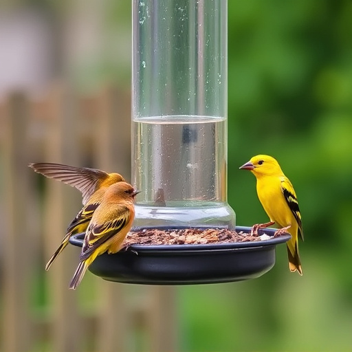 Birds feeding from suspended cage feeder