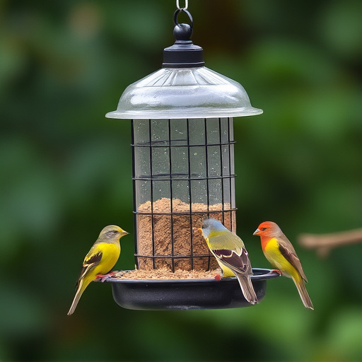 Birds feeding from suspended cage feeder