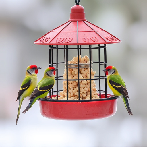 Birds feeding from suspended cage feeder
