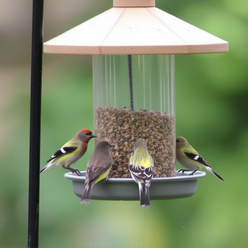 Birds feeding from tidy enclosed feeder