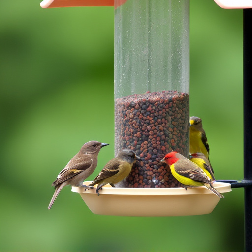 Birds feeding from tidy enclosed feeder