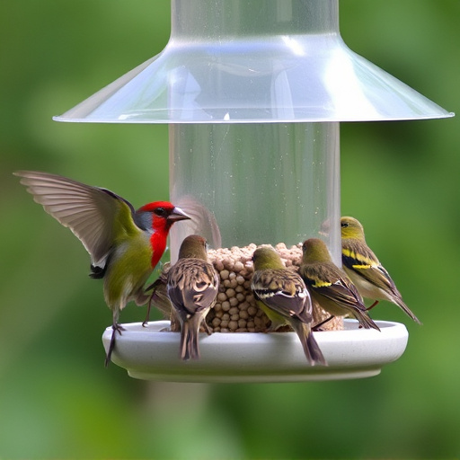 Birds feeding from tidy enclosed feeder