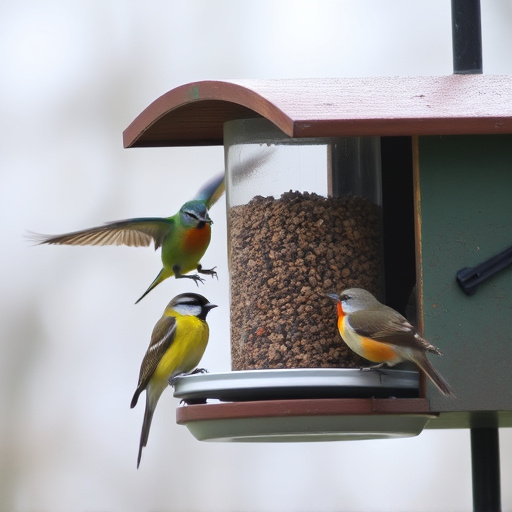 Birds feeding from tidy enclosed feeder