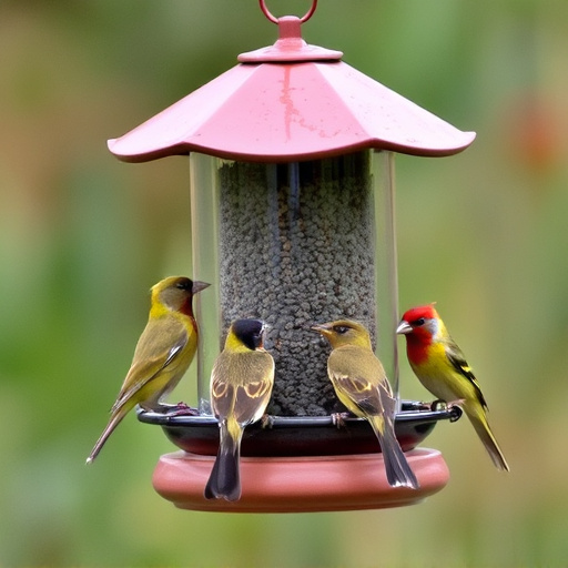 Birds feeding from tidy enclosed feeder