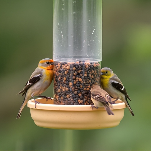 Birds feeding from tidy enclosed feeder