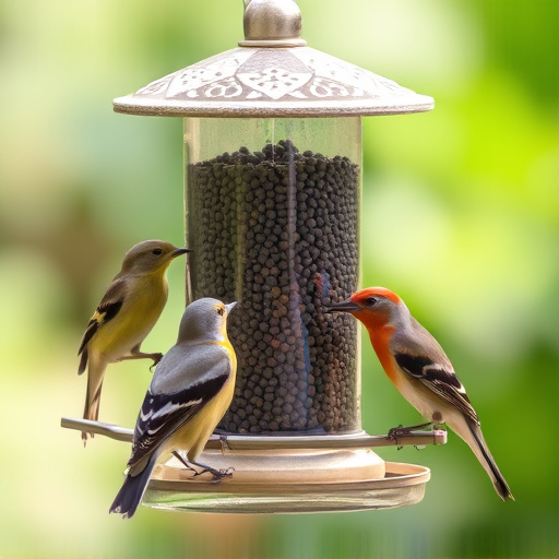 Birds feeding from tidy enclosed feeder