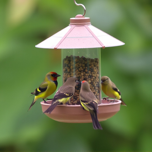 Birds feeding from tidy enclosed feeder