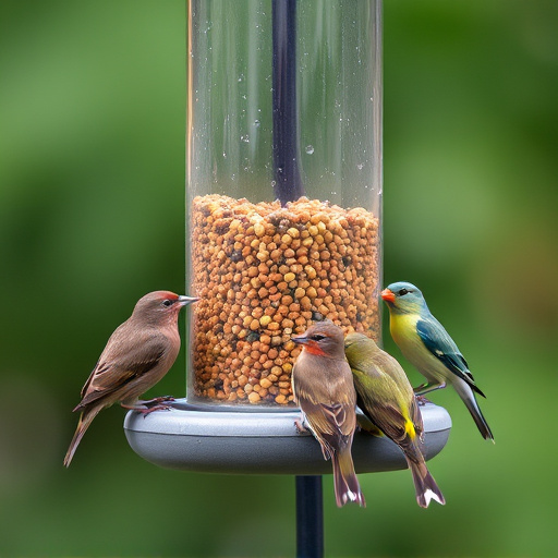 Birds feeding from tidy enclosed feeder
