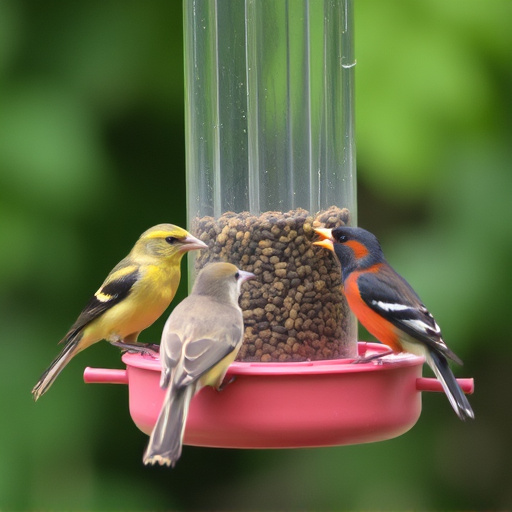 Birds feeding from tidy enclosed feeder