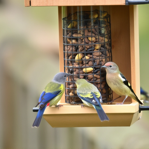 Birds feeding from tidy enclosed feeder