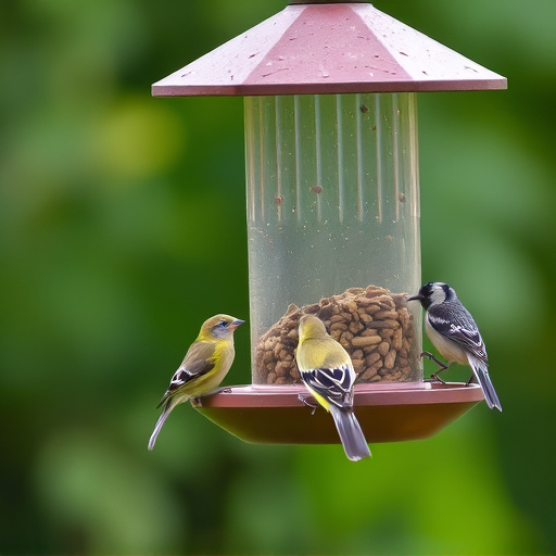Birds feeding from tidy enclosed feeder