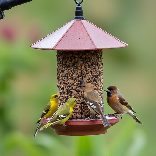 Birds feeding from tidy enclosed feeder