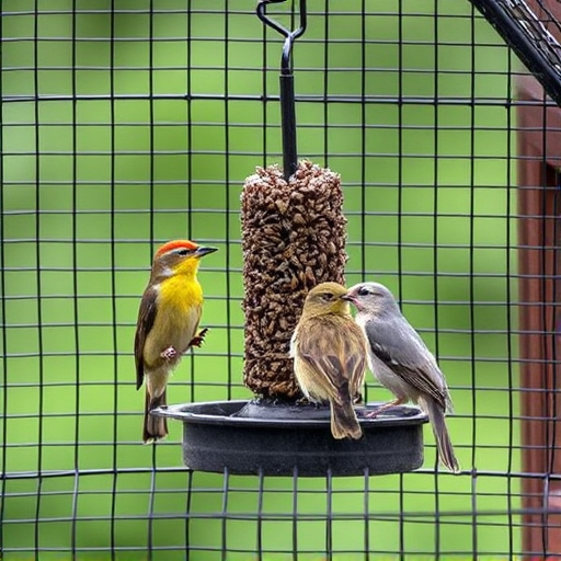 Birds feeding inside squirrel-proof cage