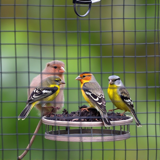 Birds feeding inside squirrel-proof cage