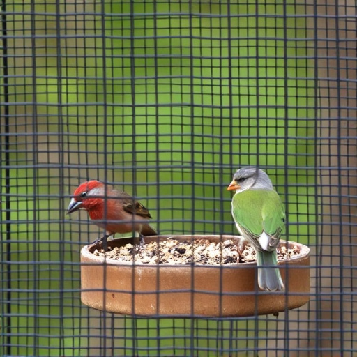 Birds feeding inside squirrel-proof cage