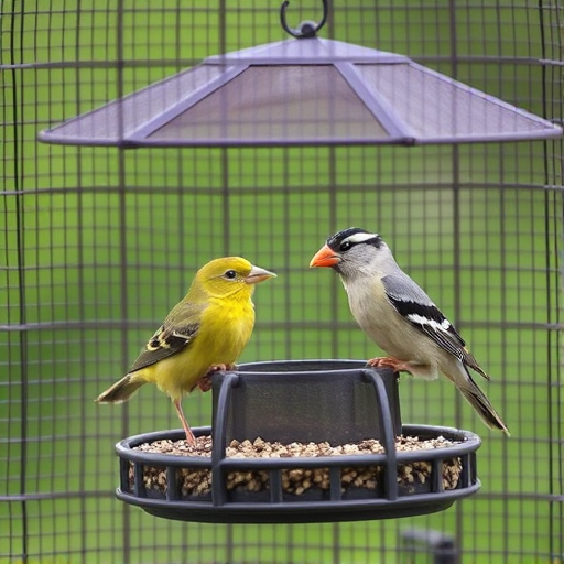 Birds feeding inside squirrel-proof cage