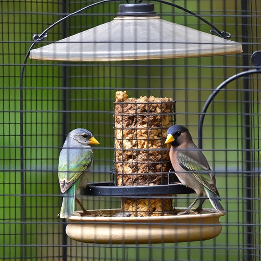 Birds feeding inside squirrel-proof cage