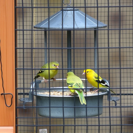 Birds feeding inside squirrel-proof cage