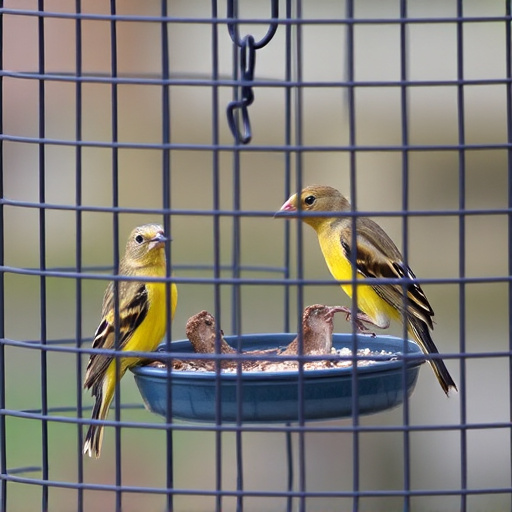 Birds feeding inside squirrel-proof cage