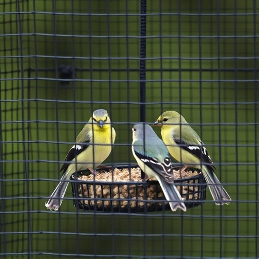Birds feeding inside squirrel-proof cage
