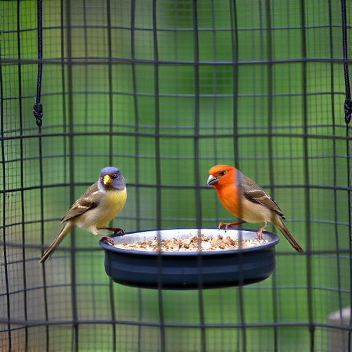 Birds feeding inside squirrel-proof cage