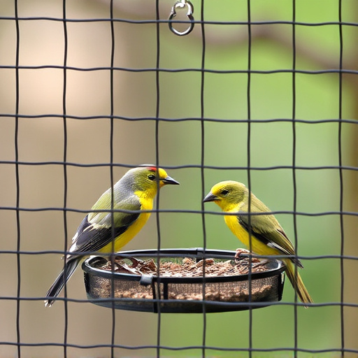 Birds feeding inside squirrel-proof cage