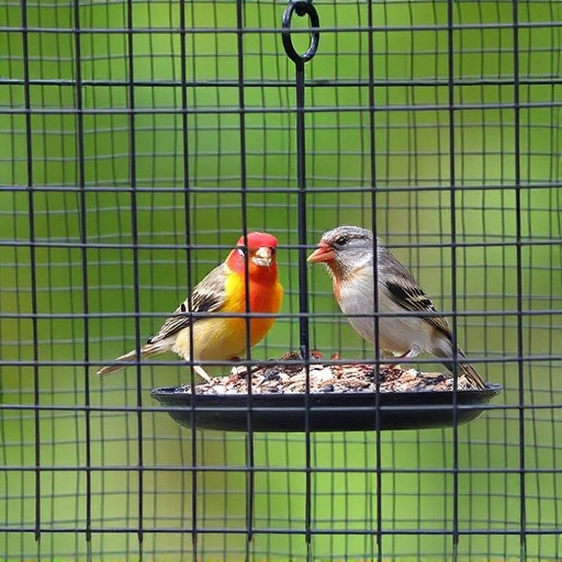 Birds feeding inside squirrel-proof cage