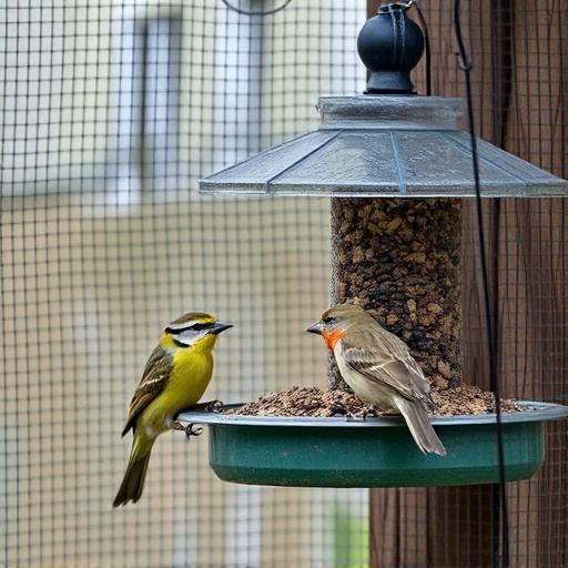 Birds feeding inside squirrel-proof cage