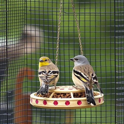 Birds feeding inside squirrel-proof cage