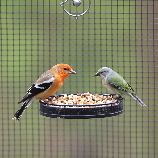 Birds feeding inside squirrel-proof cage